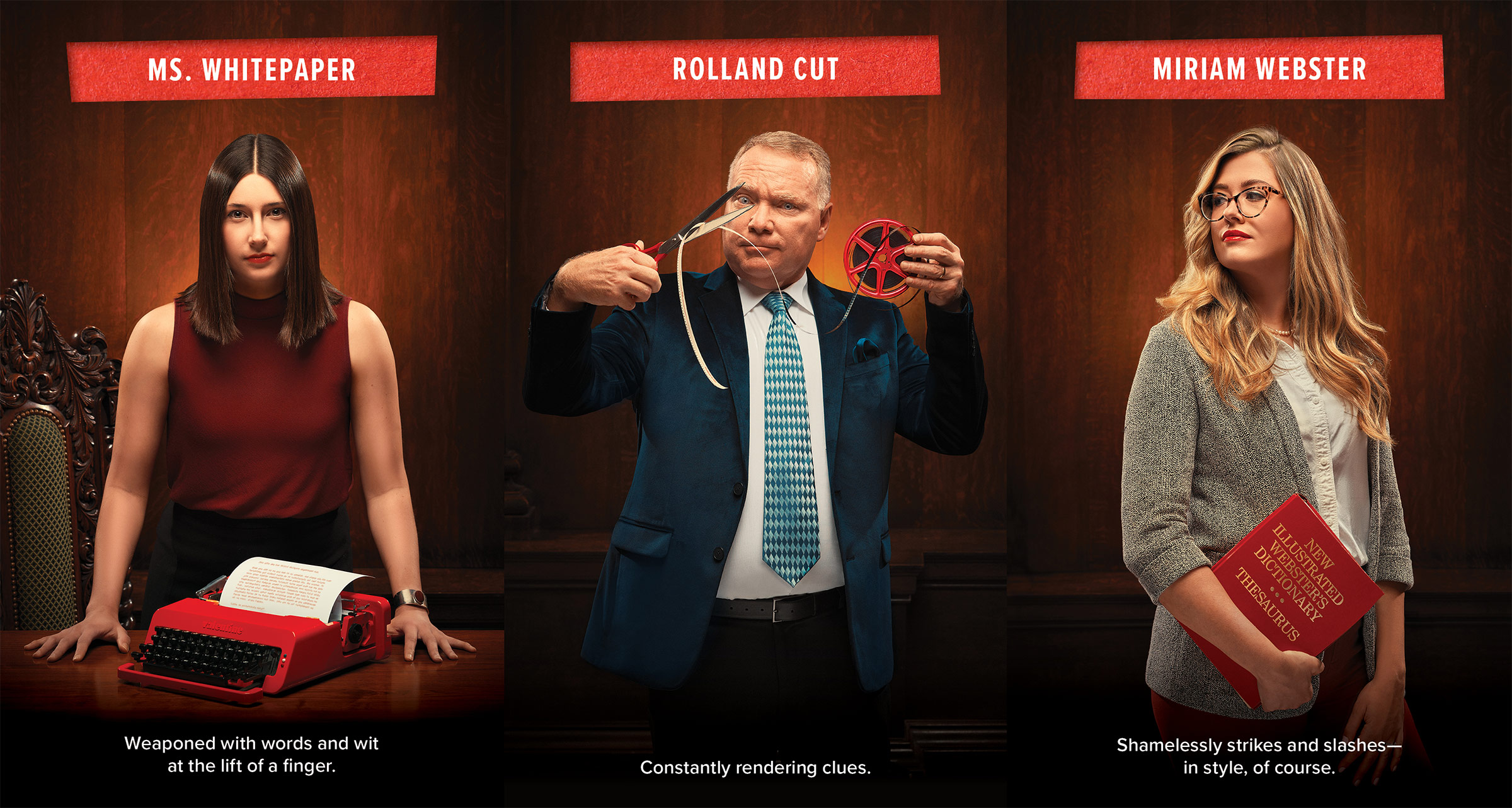 AAF Buffalo 2022 show program suspect portraits: Ms. Whitepaper, Roland Cut, Miriam Webster
