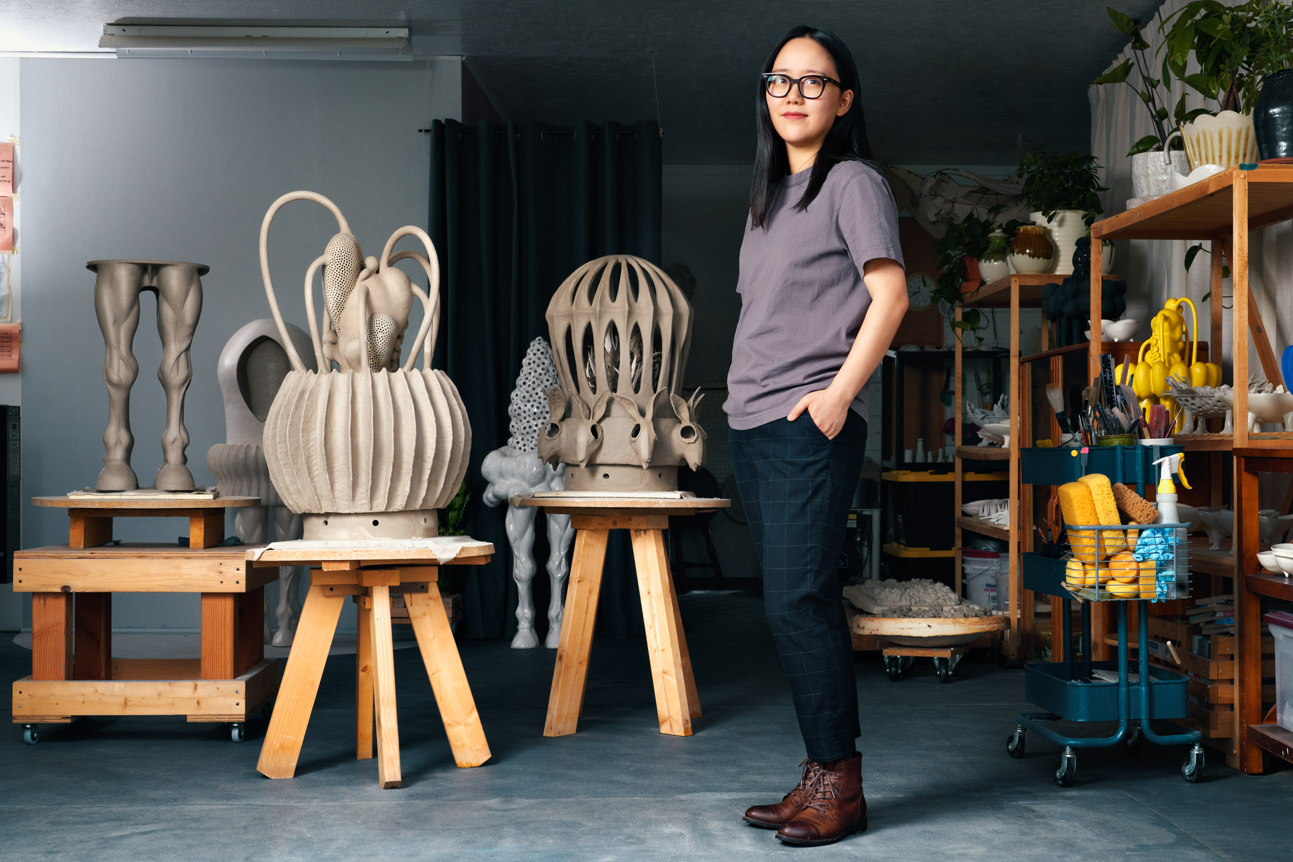 Environmental portrait of sculptor Wanting LIang at her Studio in Alfred NY